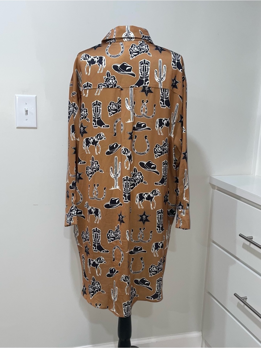 Western Shirt Dress Camel Toffee Brown Country Horse Rodeo Horseshoe Cowgirl - Picture 7 of 14